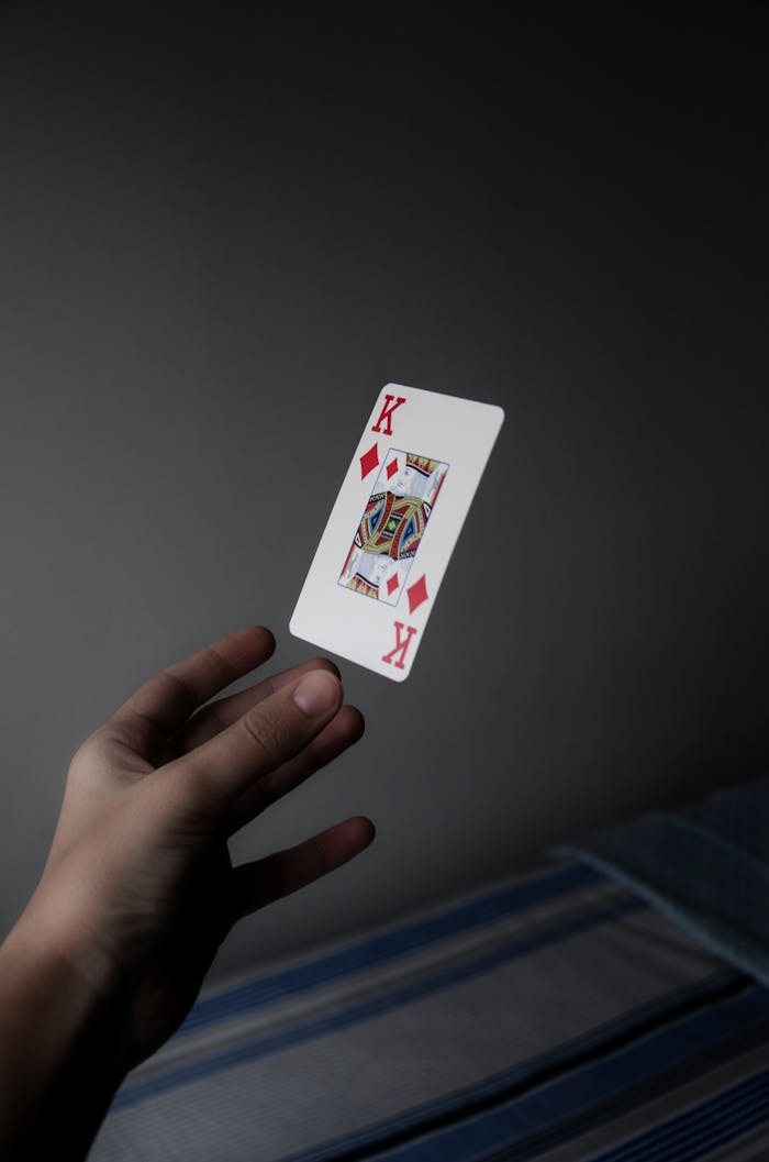 gallery-01 A hand elegantly holds a floating King of Diamonds card against a subdued background.